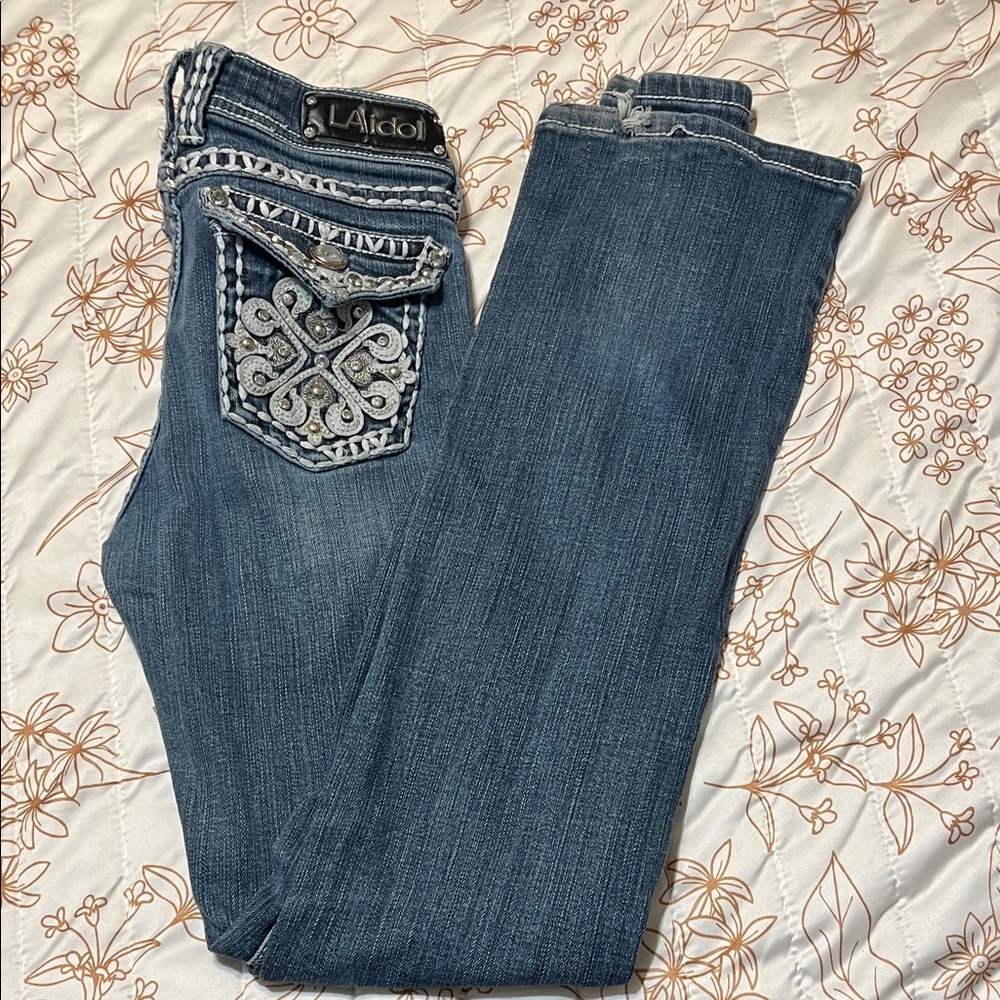 L.A. Idol Women's Blue Boot Cut Jeans with Embellished Pockets